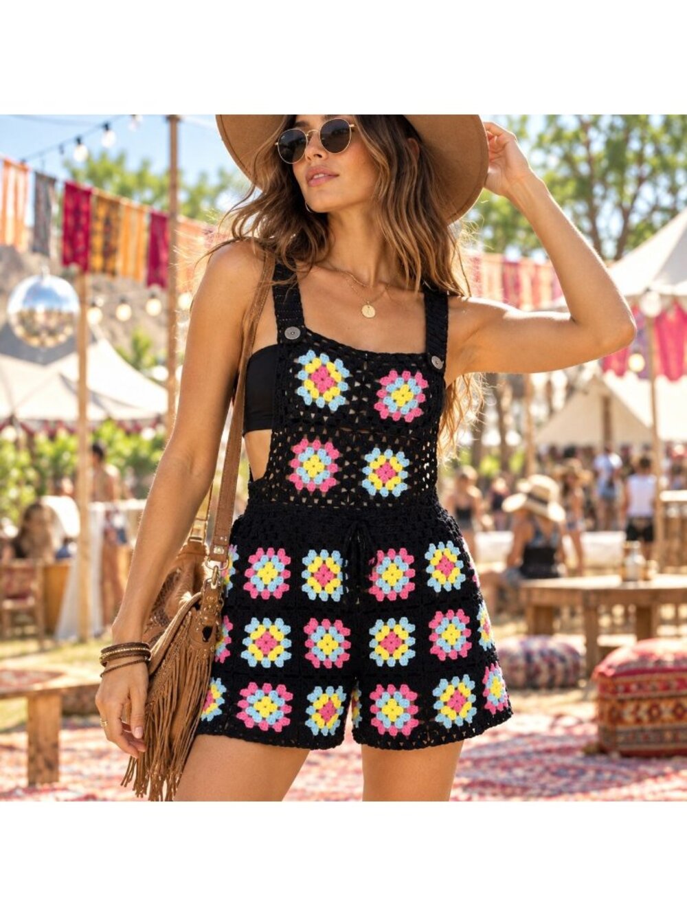 Crochet Granny Square Shortalls Romper M/L Floral Boho Hippie Festival Overalls